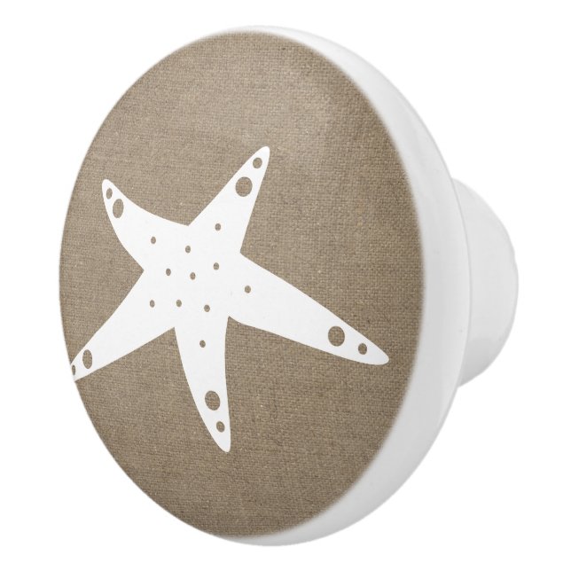 Coastal Rustic Faux Burlap & White Starfish Ceramic Knob (Right)