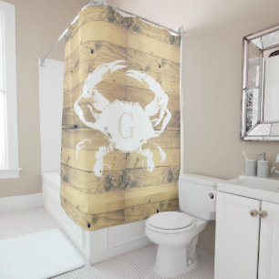 Coastal Rustic Wood Planks White Crab Monogram