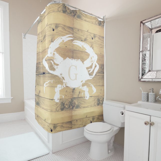 Coastal Rustic Wood Planks White Crab | Monogram (In Situ)