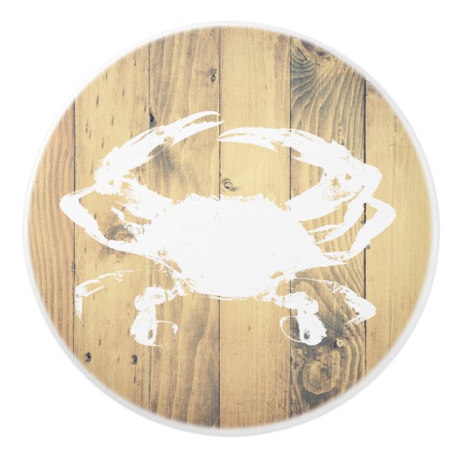 Coastal Rustic Wood Planks White Crab | Monogram Ceramic Knob (Front)