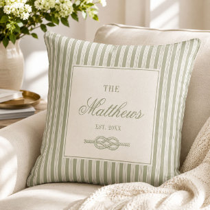 Coastal Sage Stripe Love Knot Family Name Throw Pillow