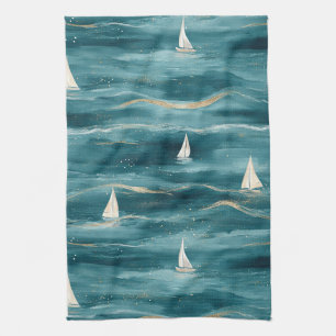 Coastal Sailboat Waves Nautical Pattern (3) Kitchen Towel