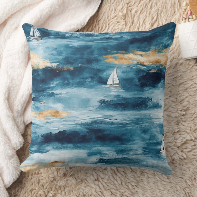 Coastal Sailboat Waves Nautical Pattern (4) Throw Pillow (Blanket)