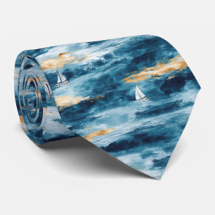 Coastal Sailboat Waves Nautical Pattern (4) Tie