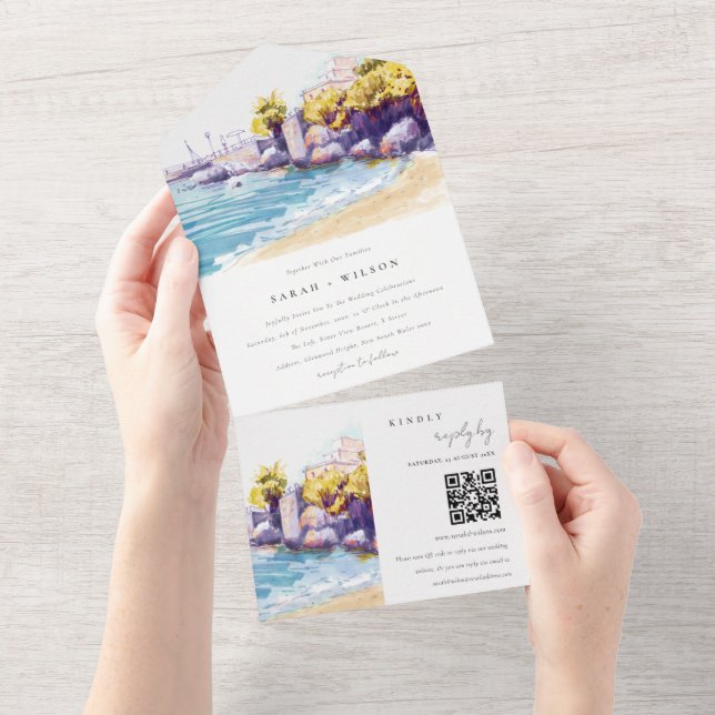 Coastal Sand Beach Rocky Seascape Wedding QR Code All In One Invitation (Tearaway)