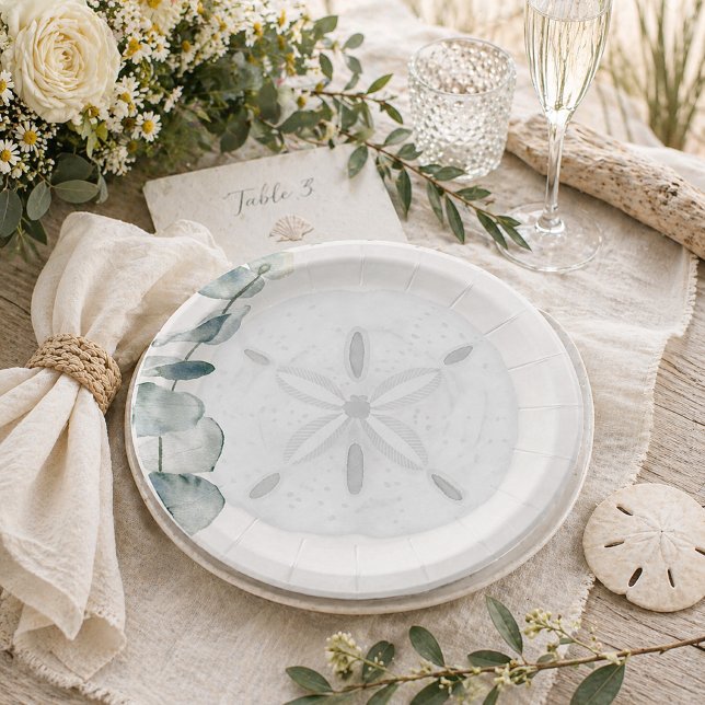 Coastal Sand Dollar Eucalyptus Wedding Paper Plate (Creator Uploaded)