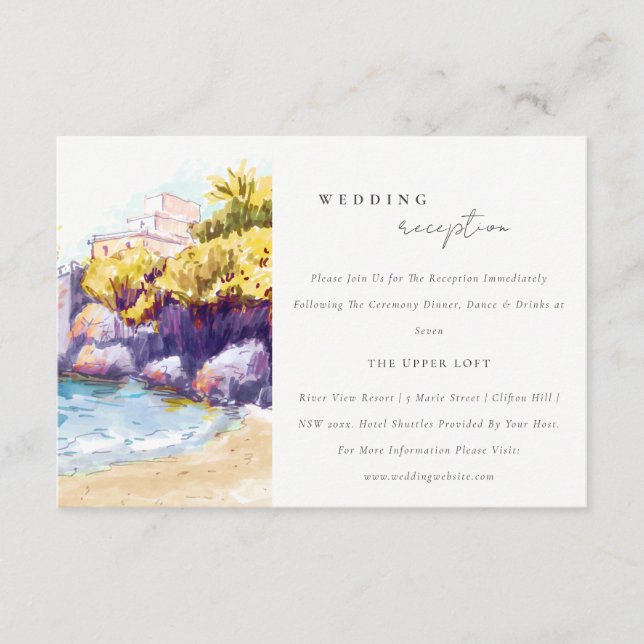 Coastal Sand Rock Beach Seascape Wedding Reception Enclosure Card (Front)