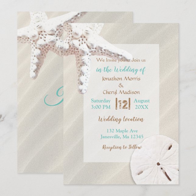 Coastal Sandy Shore Starfish and Sand Dollar Beach Invitation (Front/Back)