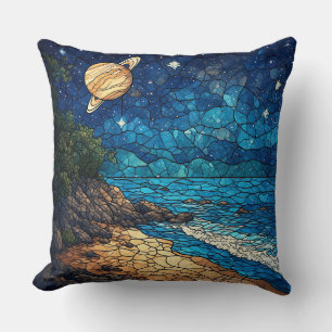 Coastal Scene Under a Starry Sky Throw Pillow