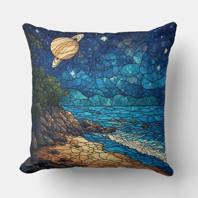 Coastal Scene Under a Starry Sky Throw Pillow (Front)