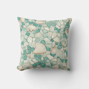 Coastal Sea Glass And Aqua Coloured Beach Stones Throw Pillow
