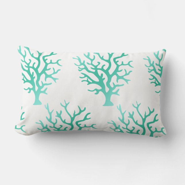 Coastal Sea Green Gradient Corals & White Lumbar Pillow (Front)