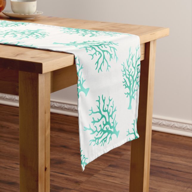 Coastal Sea Green Gradient Corals & White Short Table Runner (In Situ)