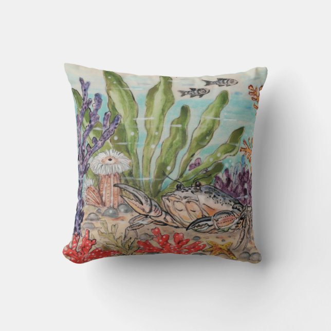 Coastal Sea Life Aqua Green Coral Crab Fish Ocean Throw Pillow (Front)