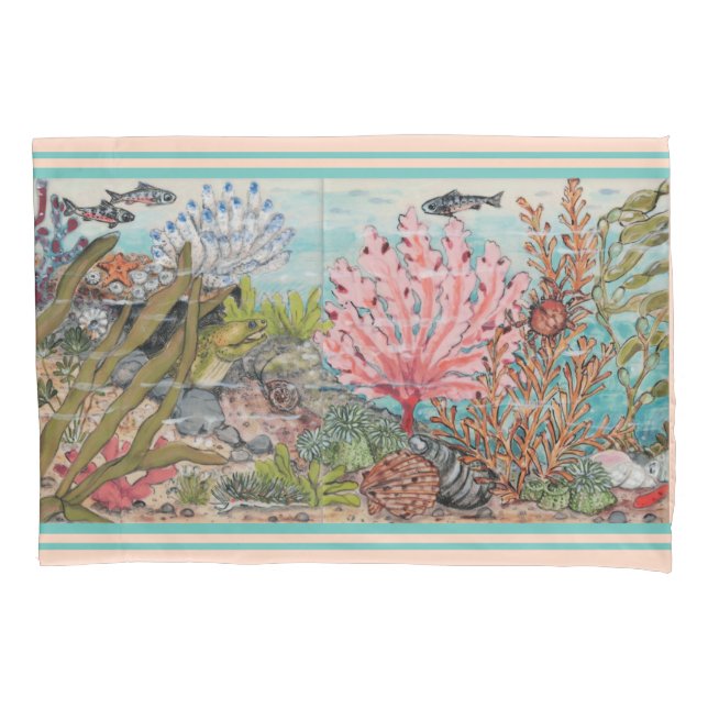Coastal Sea Life Blush Aqua Coral Shell Fish Ocean Pillowcase (Front)