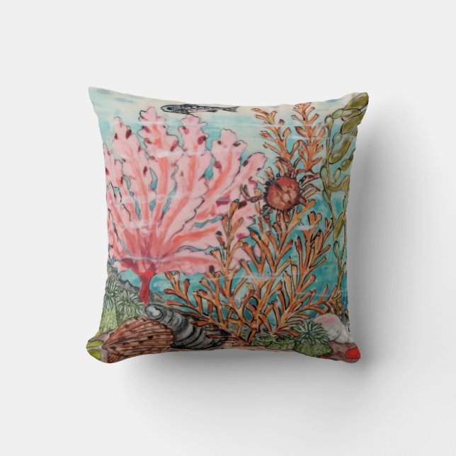 Coastal Sea Life Pink Aqua Coral Crab Shell Fish Throw Pillow (Front)