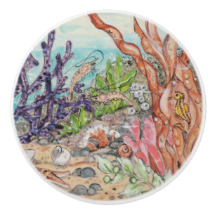 Coastal Sea Life Seahorse Shrimp Coral Ocean Ceramic Knob