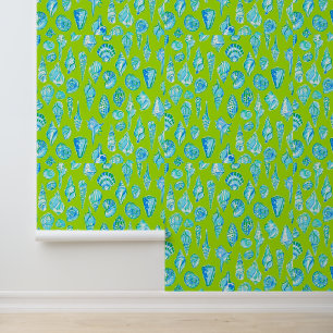 Coastal Sea Shells on Lime Green / Preppy Coastal  Wallpaper