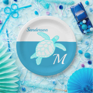 Coastal Sea Turtle  Blue Teal White  Paper Plate