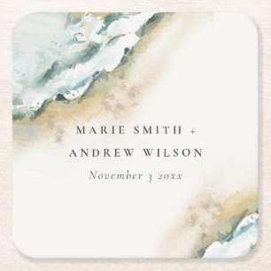 Coastal Sea Waves Sand Beach Nautical Wedding Square Paper Coaster