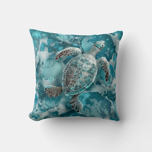 Coastal Seafoam Aqua Ocean Turtle Throw Pillow (Front)