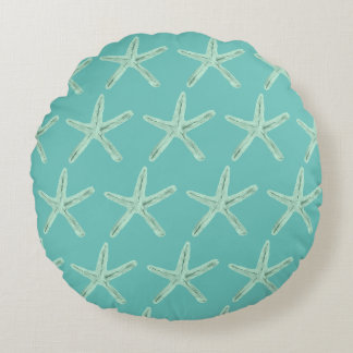 Coastal Seafoam Green Starfish Bohemian Round Pillow