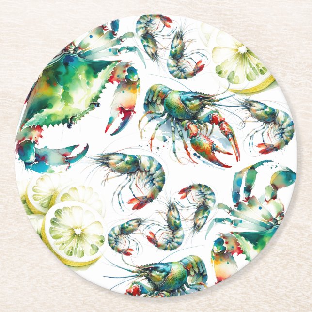 Coastal Seafood Boil Round Paper Coaster (Front)