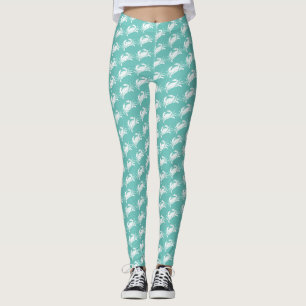 Coastal Seafood Pattern White Crabs on Teal Blue Leggings