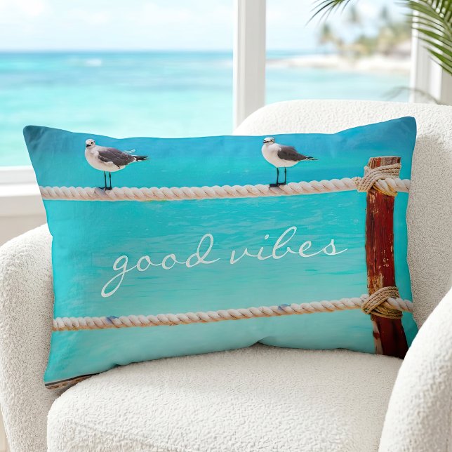 Coastal Seagull Beach Bird Good Vibes Quote Script Lumbar Pillow (Creator Uploaded)