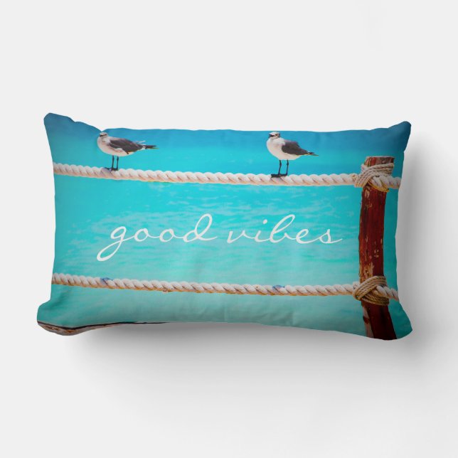 Coastal Seagull Beach Bird Good Vibes Quote Script Lumbar Pillow (Front)