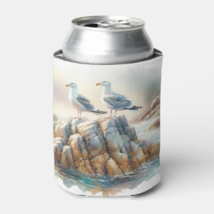Coastal Seagulls Watercolor Seascape Can Cooler