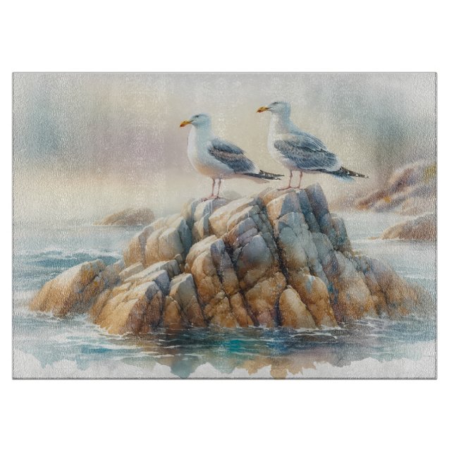 Coastal Seagulls Watercolor Seascape Cutting Board (Front)