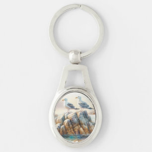 Coastal Seagulls Watercolor Seascape Keychain