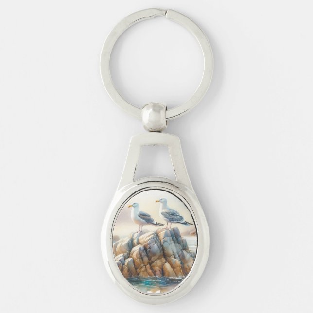 Coastal Seagulls Watercolor Seascape Keychain (Front)