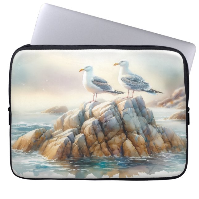 Coastal Seagulls Watercolor Seascape Laptop Sleeve (Front)