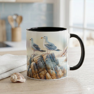 Coastal Seagulls Watercolor Seascape Mug