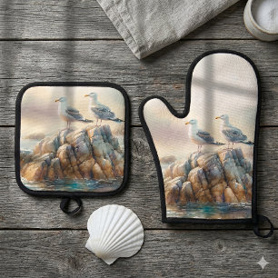 Coastal Seagulls Watercolor Seascape Oven Mitt & Pot Holder Set