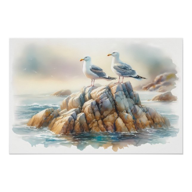 Coastal Seagulls Watercolor Seascape Poster (Front)