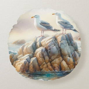 Coastal Seagulls Watercolor Seascape Round Pillow