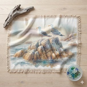 Coastal Seagulls Watercolor Seascape Throw Blanket