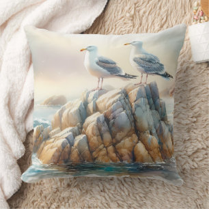 Coastal Seagulls Watercolor Seascape Throw Pillow