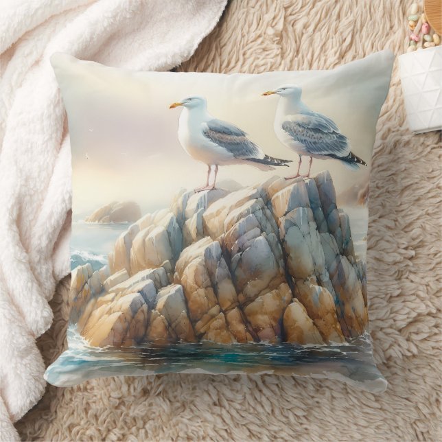 Coastal Seagulls Watercolor Seascape Throw Pillow (Blanket)