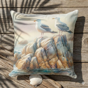 Coastal Seagulls Watercolor Seascape Throw Pillow