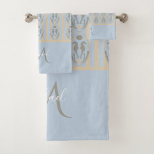 Coastal Seahorse Cameo Blue Cream Strip Monogram  Bath Towel Set