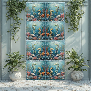 Coastal Seahorse Couple Ocean Corals Tropical Aqua Tile