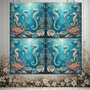 Coastal Seahorse Family Ocean Corals Tropical Aqua Tile