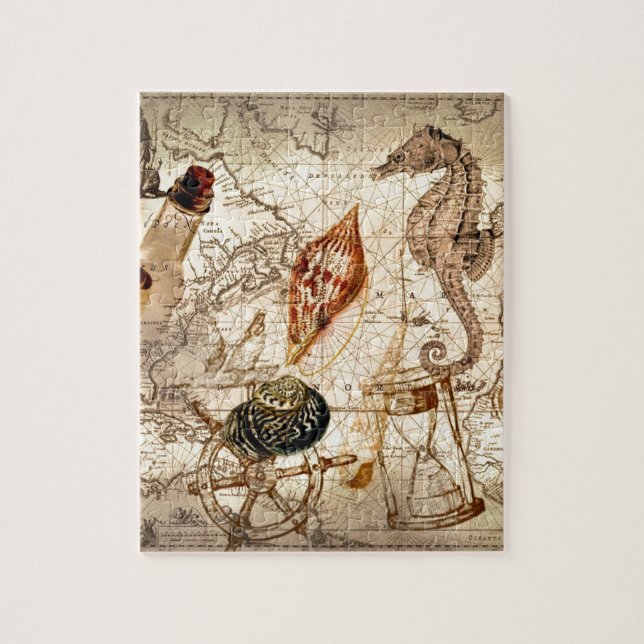 Coastal seahorse seashell Nautical Map Jigsaw Puzzle (Vertical)