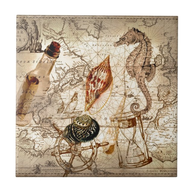 Coastal seahorse seashell Nautical Map Tile (Front)