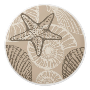 Coastal sealife starfish and shells in beige ceramic knob