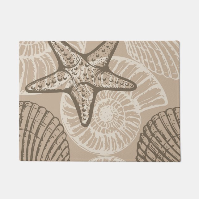 Coastal sealife starfish and shells in beige doormat (Front)